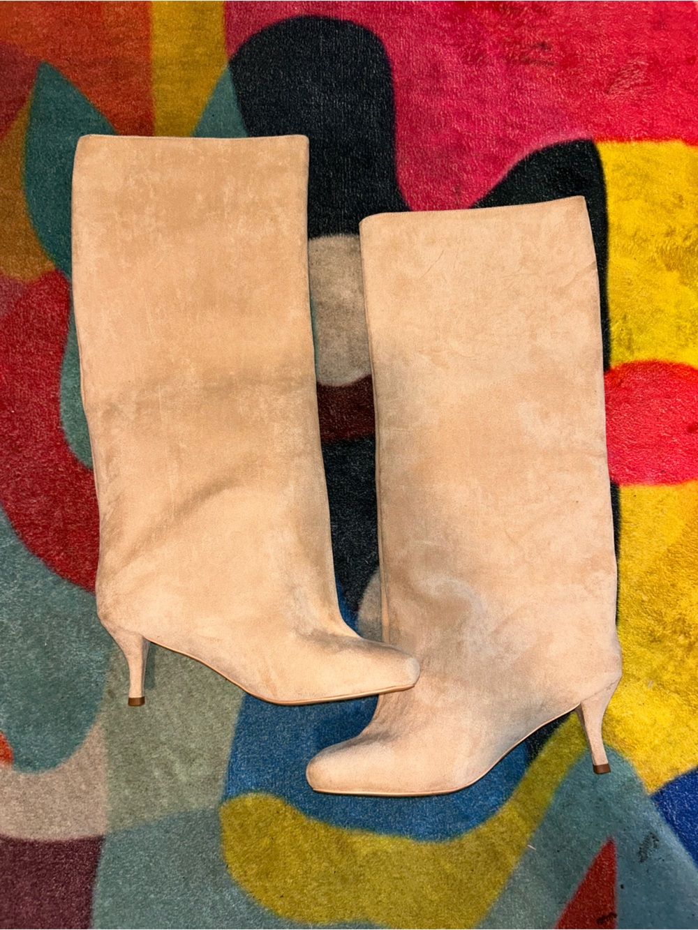 Beige Suede Knee-High Heeled Boots - Women's - Picture 3 of 3